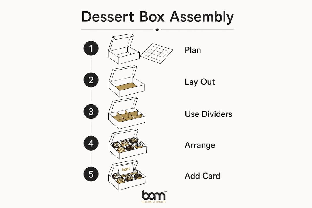 Infografik zu den einzelnen Schritten beim Zusammenbau einer Dessertbox