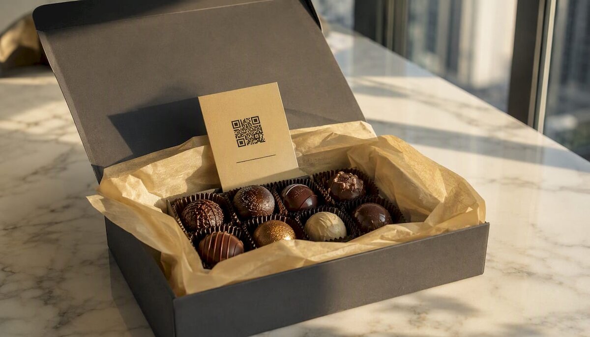 Offene Luxus-Pralinenschachtel mit Einlegekarte