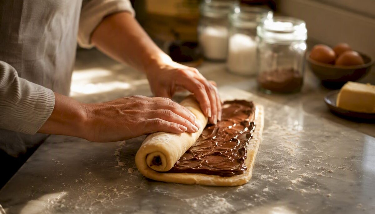 Hände, die Brioche-Teig mit Nussnougat-Creme-Füllung ausrollen