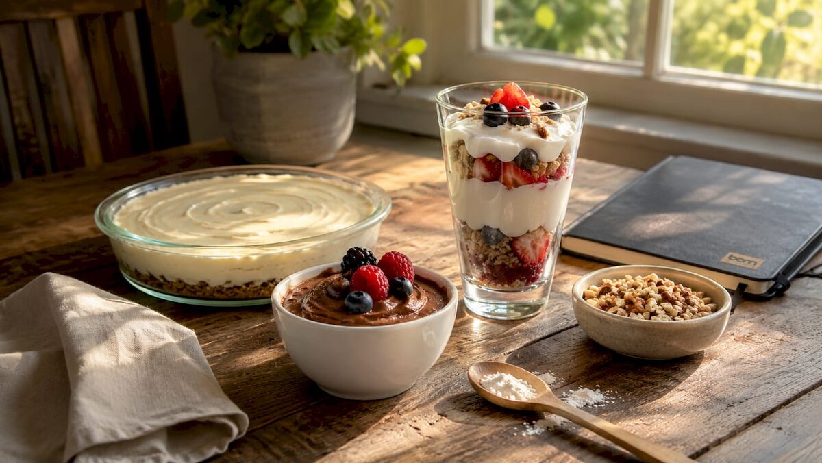 Draufsicht auf verschiedene proteinreiche Desserts auf einem Holztisch