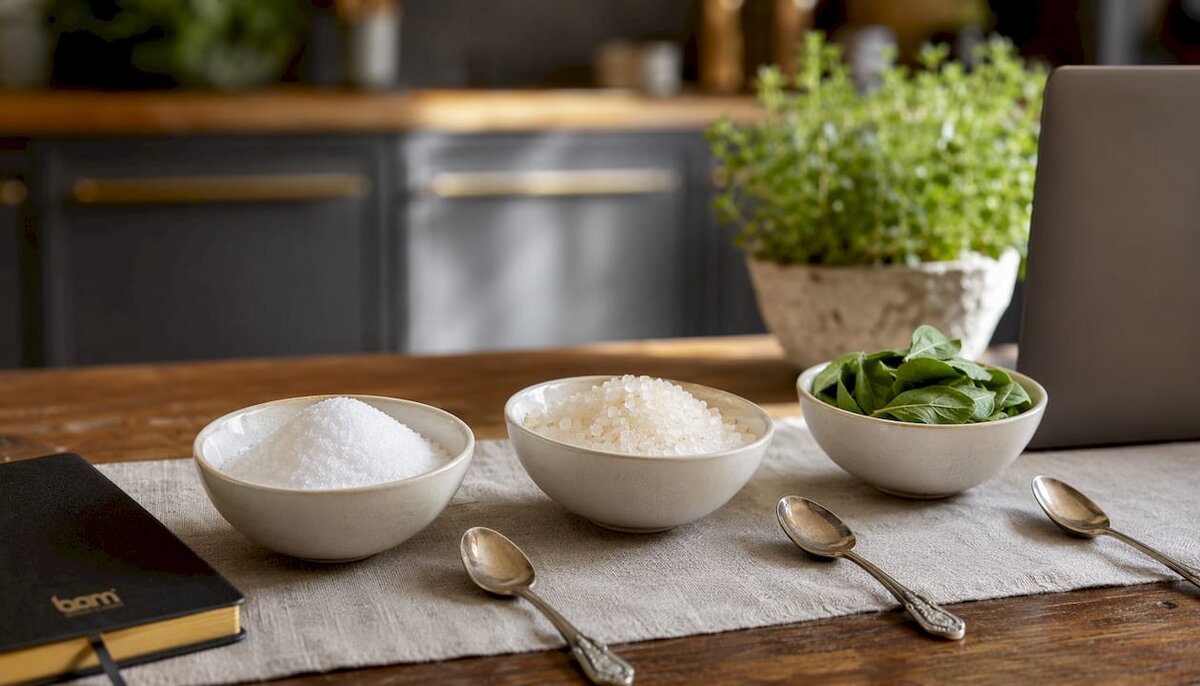 Verschiedene Keto-Süßungsmittel in Glasschalen