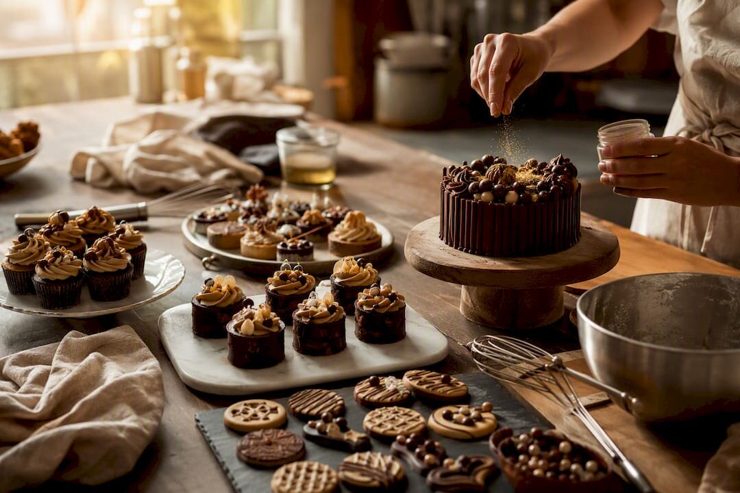 Hände beim Verzieren von Cupcakes mit einem bestimmten Motiv