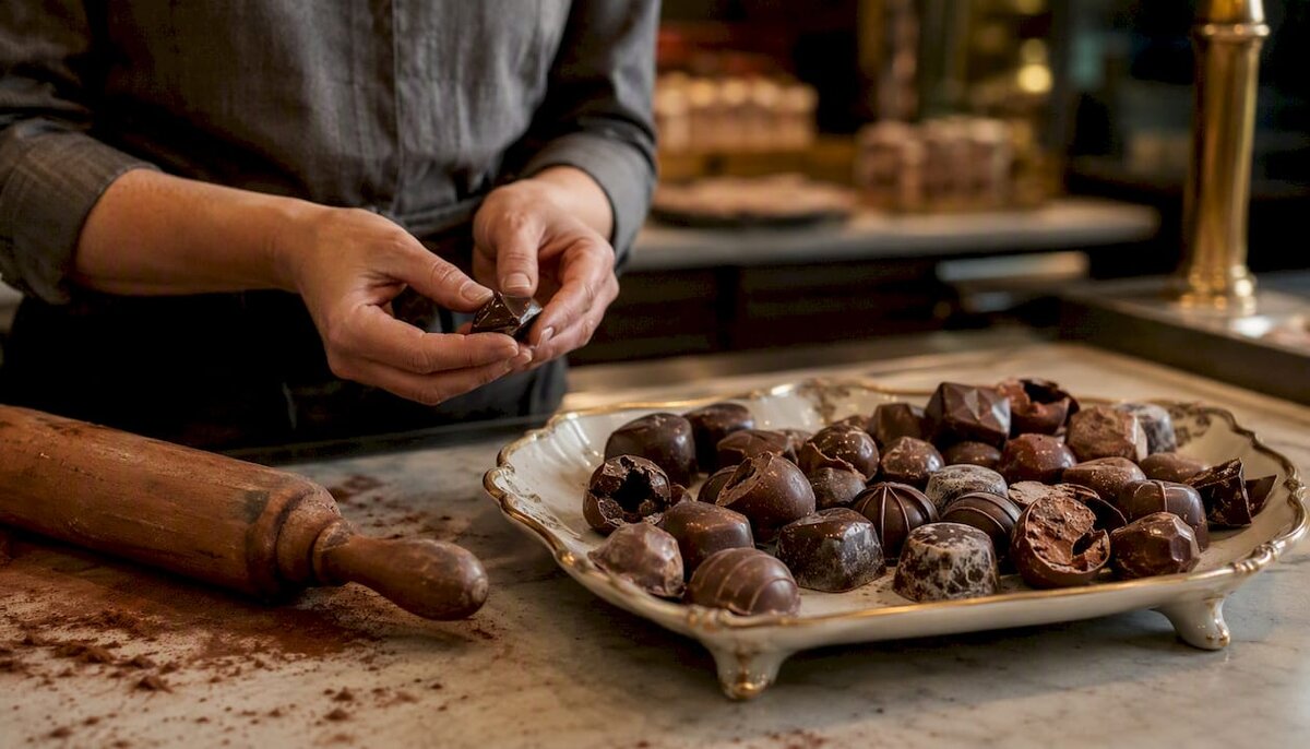 Schokoladenpralinen mit typischen Mängeln
