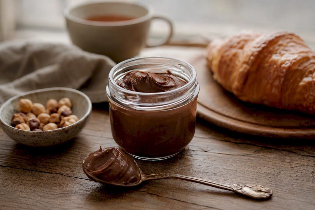 Glas mit Haselnuss-Gianduja, Löffel und Croissant