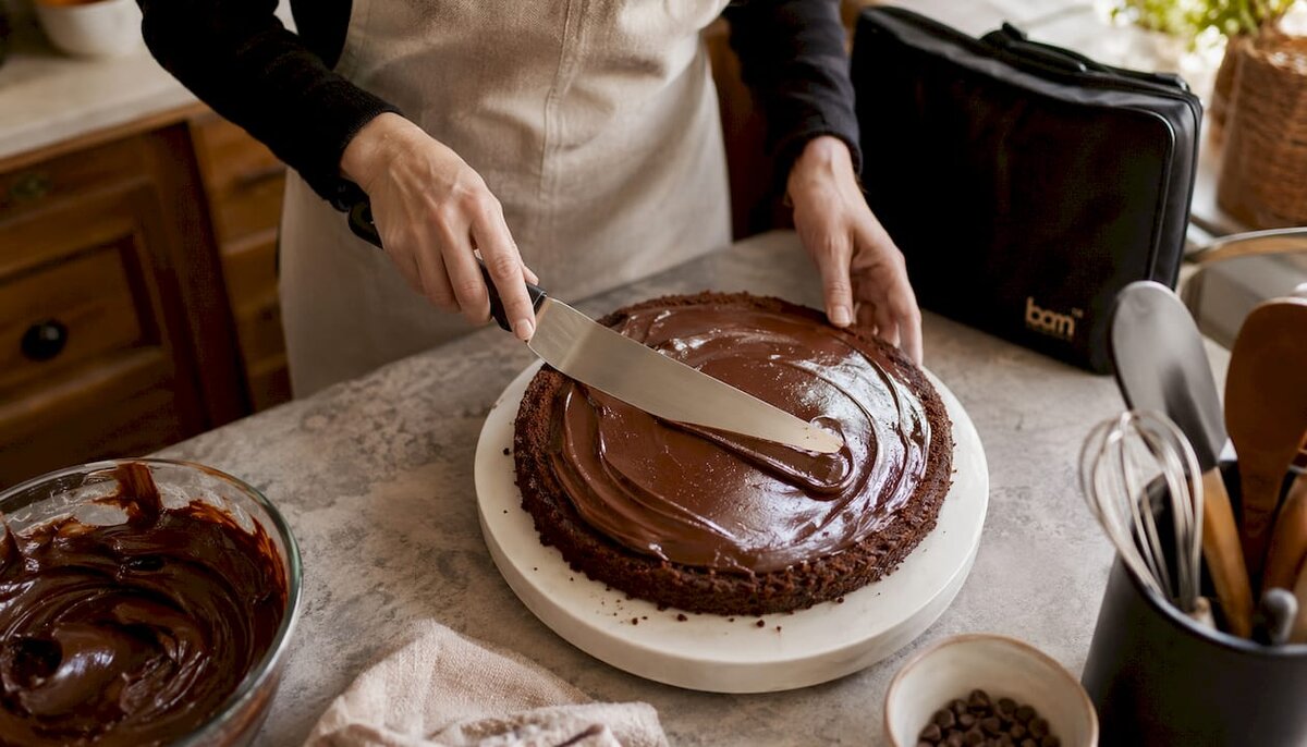 Nahaufnahme von Händen, die Ganache auf eine Tortenlage streichen