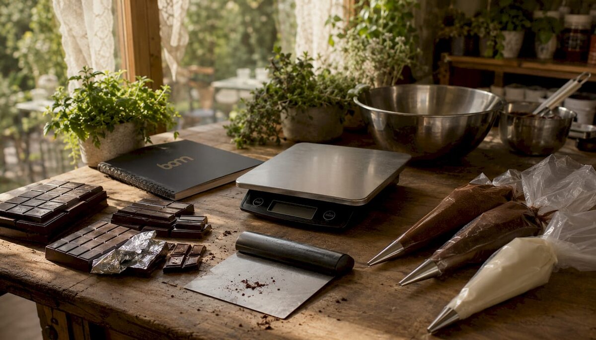 Set mit hochwertigen Backutensilien für Schokolade und Ganache