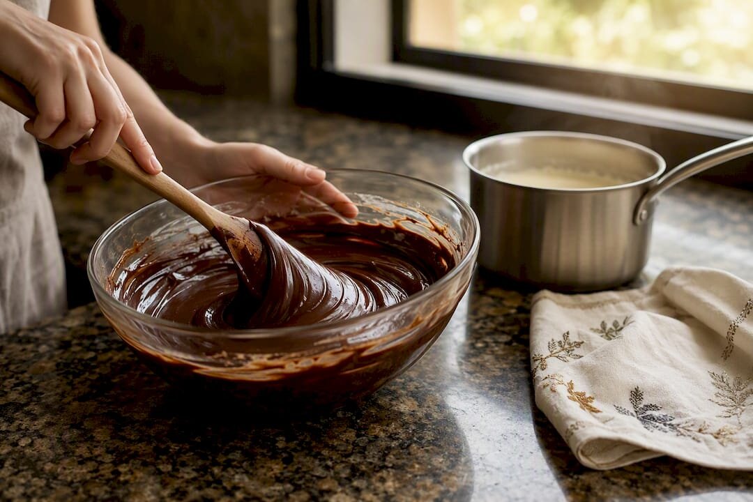 Glänzende Ganache aus Kuvertüre in einer Schüssel