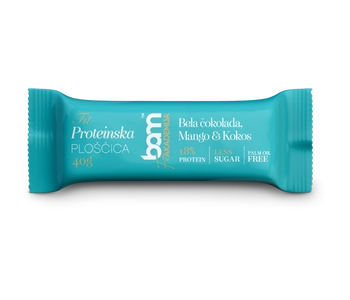 Proteinriegel mit Süßstoff, weißer Schokolade, Mango und Kokosnuss